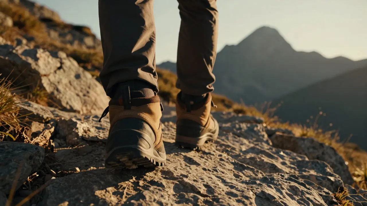 Botas de senderismo en un camino rocoso con el Monte Perdido al fondo