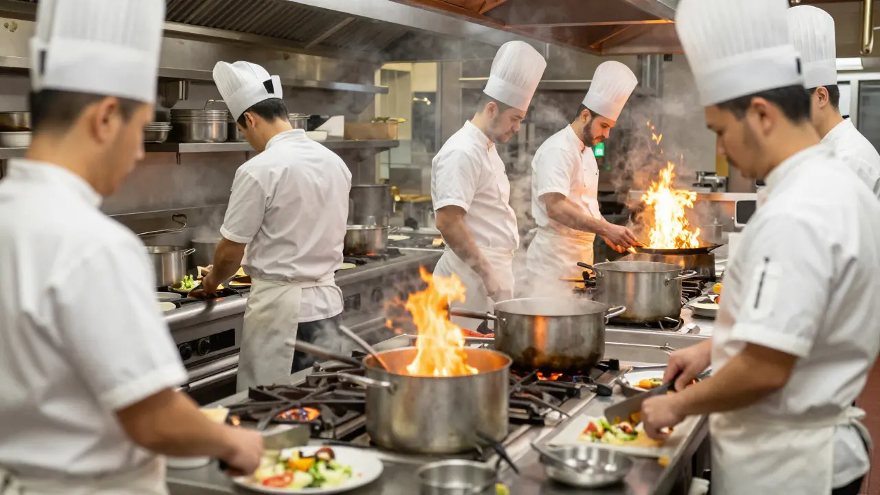 Brigada de cocineros trabajando intensamente en una cocina comercial
