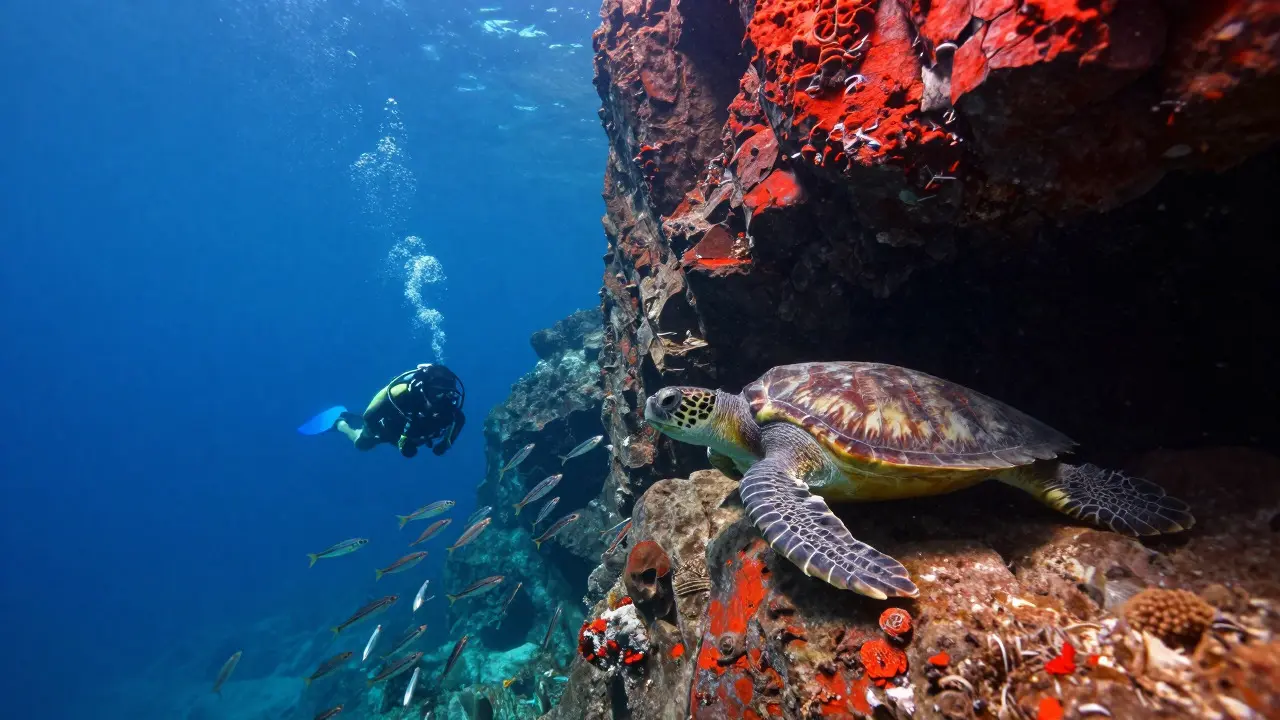 Buceador explorando acantilados rocosos y una tortuga marina en La Conca d'alt