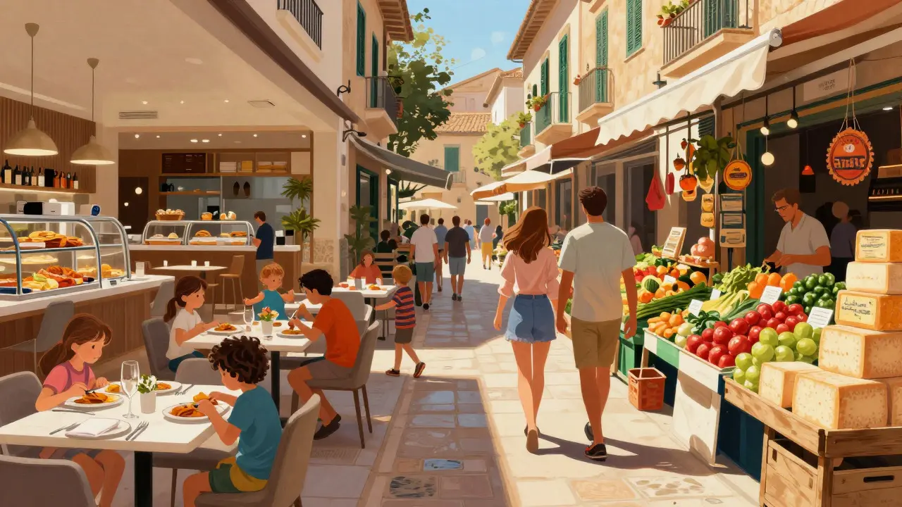Comparación entre comer en el bufet del hotel y explorar un mercado local en Mallorca