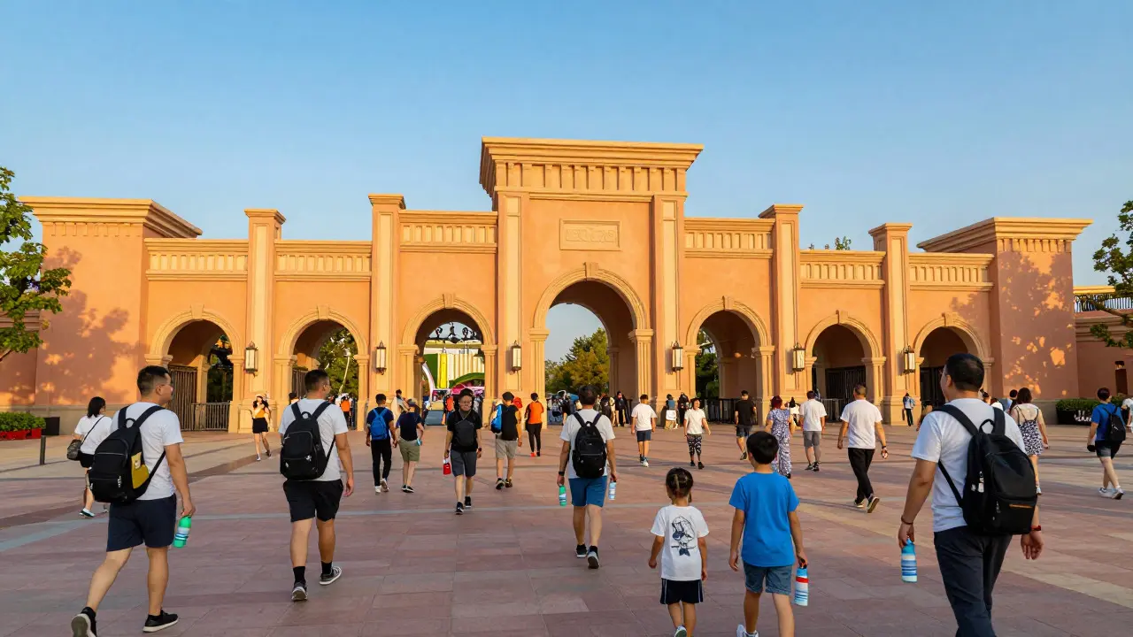 Entrada bulliciosa de un parque temático al atardecer en España