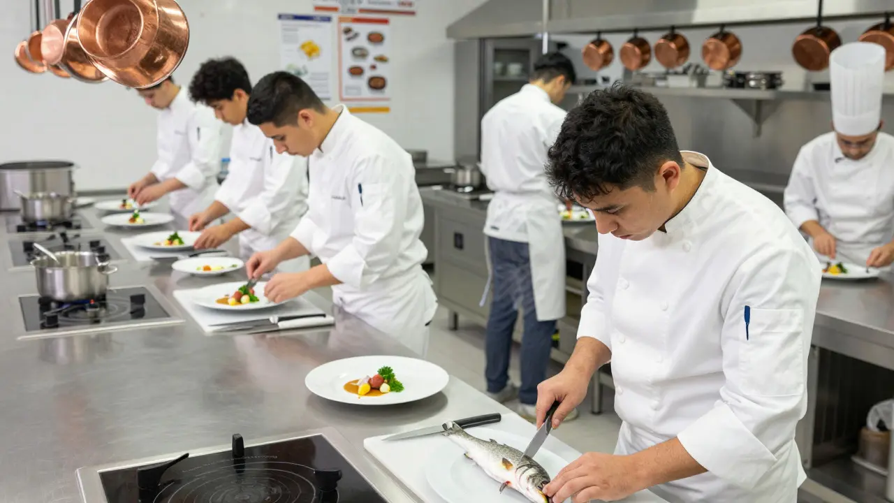 Estudiantes practicando técnicas culinarias en escuela profesional
