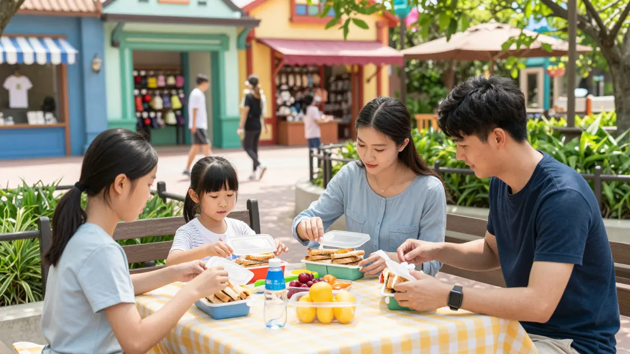 Familia comiendo comida traída de casa en un banco del parque