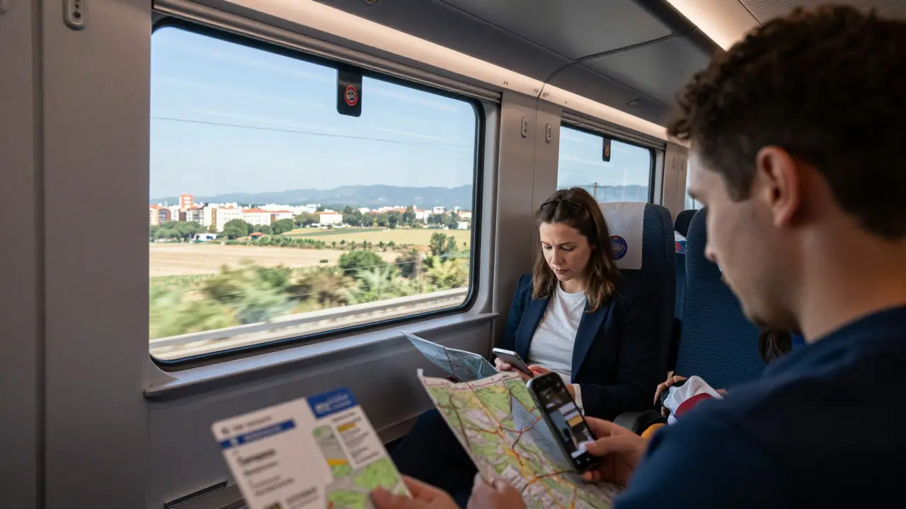 Interior de un tren AVE viajando hacia Cataluña con luz solar