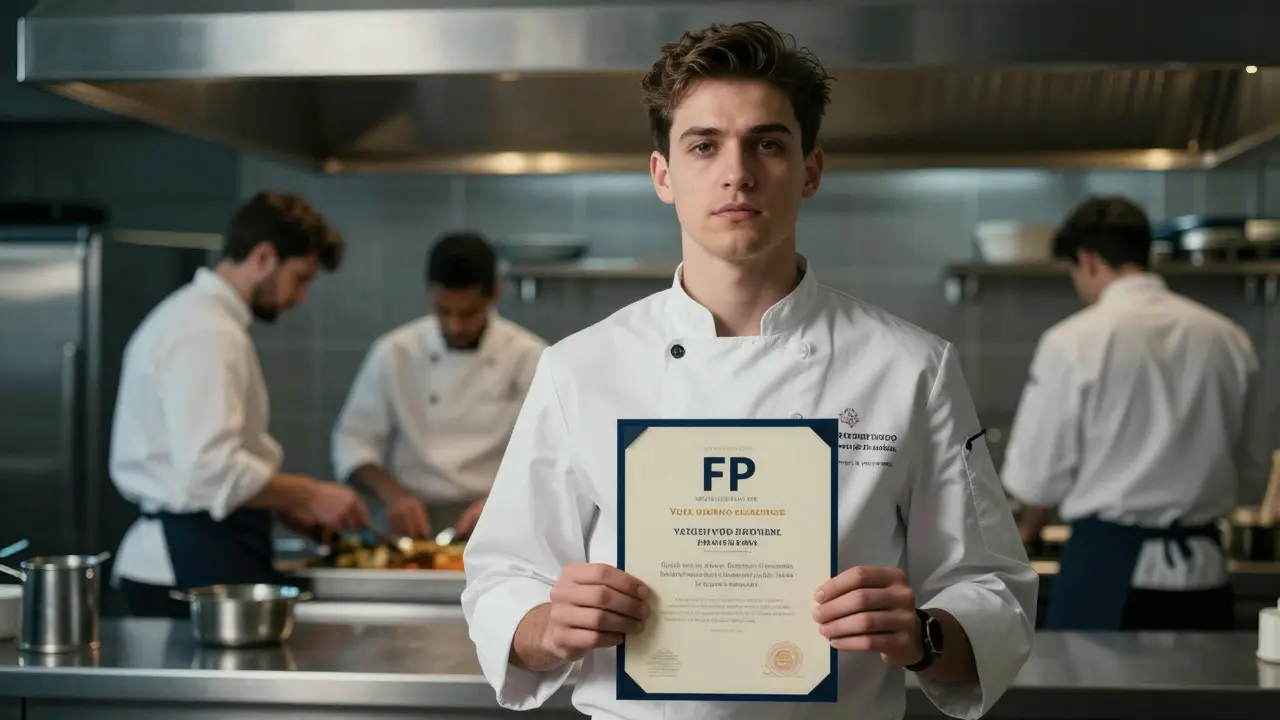 Joven con título oficial FP frente a cocina de restaurante
