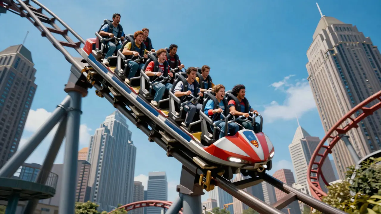 Montaña rusa invertida emocionante en el parque temático con cielo azul