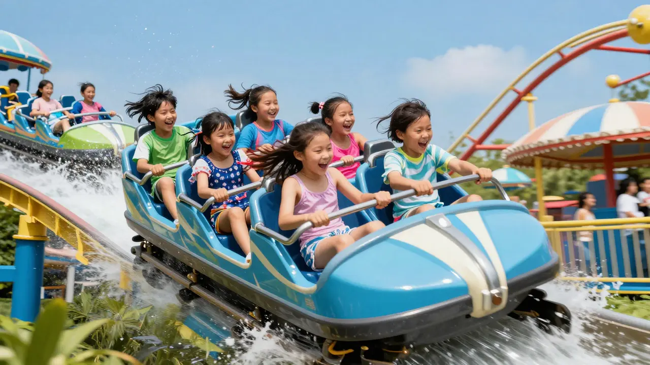 Niños riendo y disfrutando de una atracción acuática en el parque temático