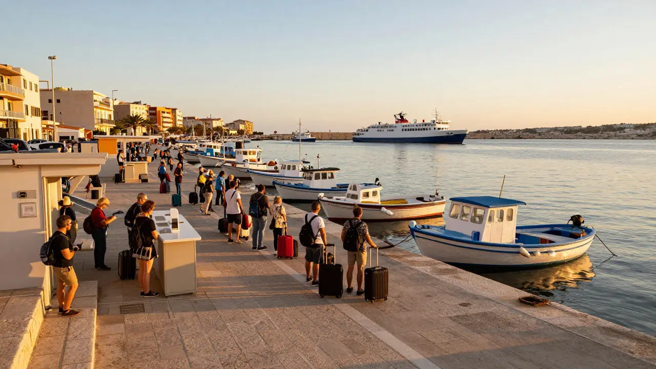 Puerto de Sant Ferran en Formentera con pasajeros esperando y un ferry llegando al atardecer.