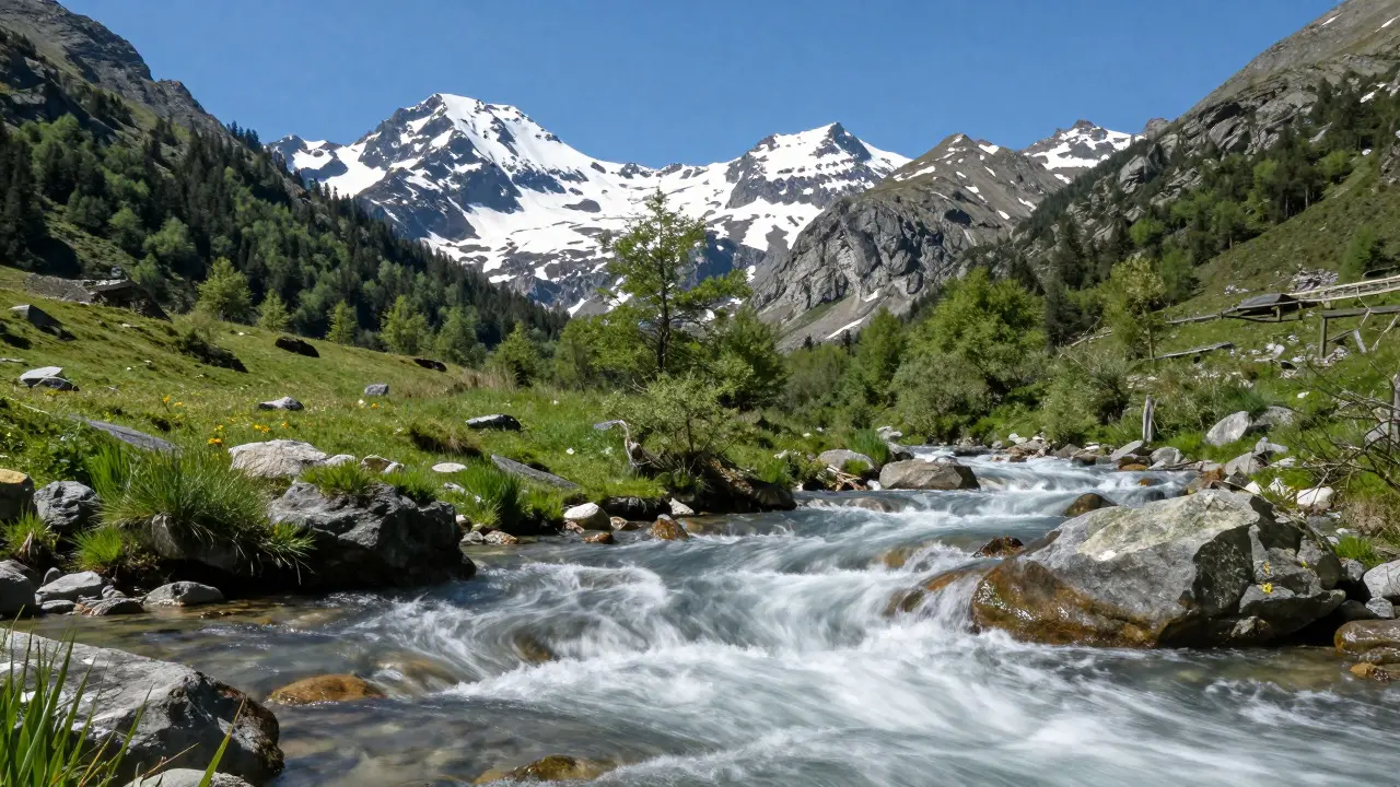 Río Ara y picos nevados de la Maladeta y Posets cerca de Jaca
