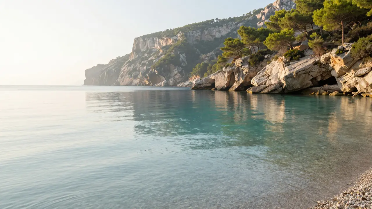 Vista serena de la cala aislada de Cala Montjoi con aguas turquesas cristalinas