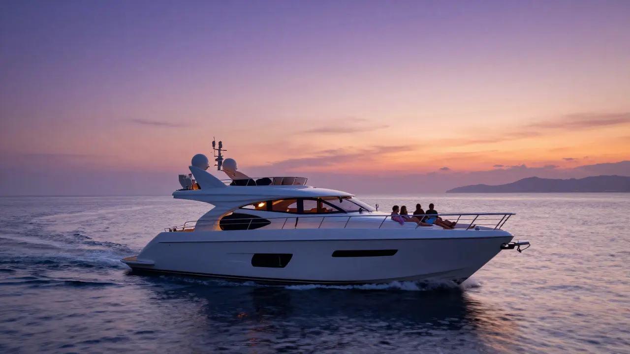 Yate de lujo navegando tranquilamente al atardecer como alternativa privada al ferry.